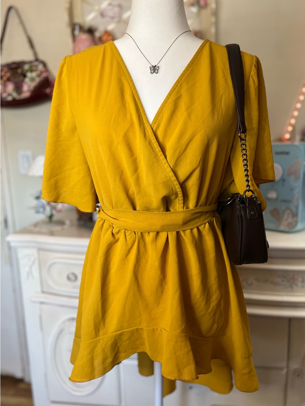 BloomChic Golden Yellow Wrap Peplum Blouse with Tie Waist